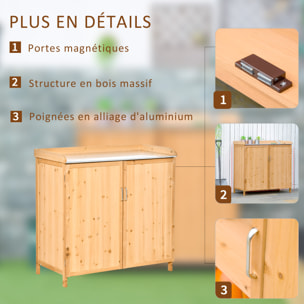 Armoire de jardin sur pied table de rempotage 2 en 1 - double porte, étagère, plateau tôle acier galvanisé - bois de cèdre pré-huilé