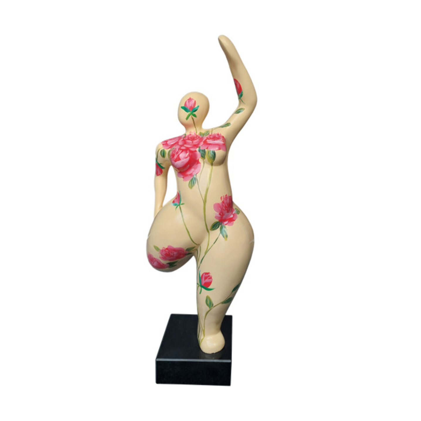 Statue femme ronde en résine beige & fleurs roses H60cm - BALERINA 03