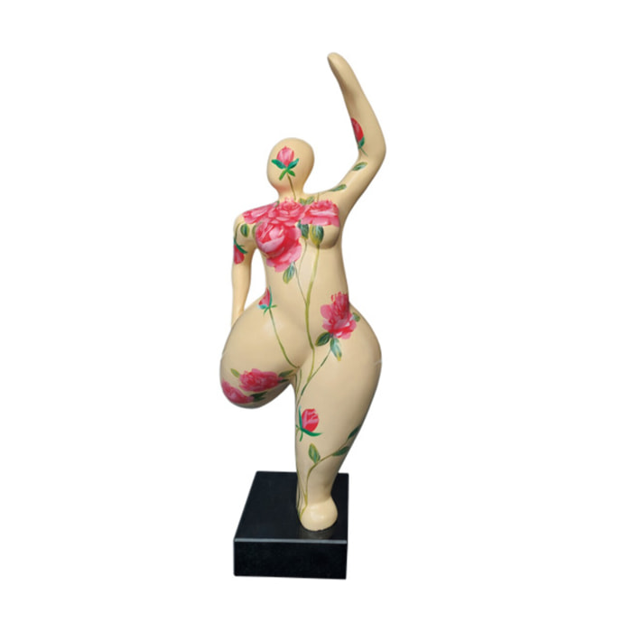 Statue femme ronde en résine beige & fleurs roses H60cm - BALERINA 03