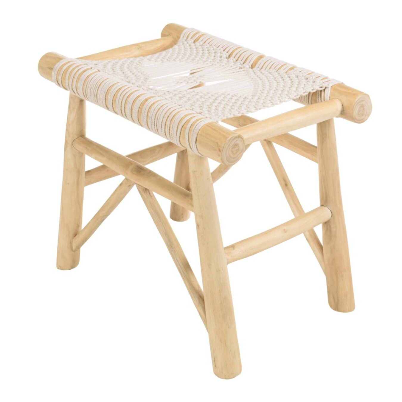 WILL - Tabouret en branches de teck naturel assise en macramé blanc
