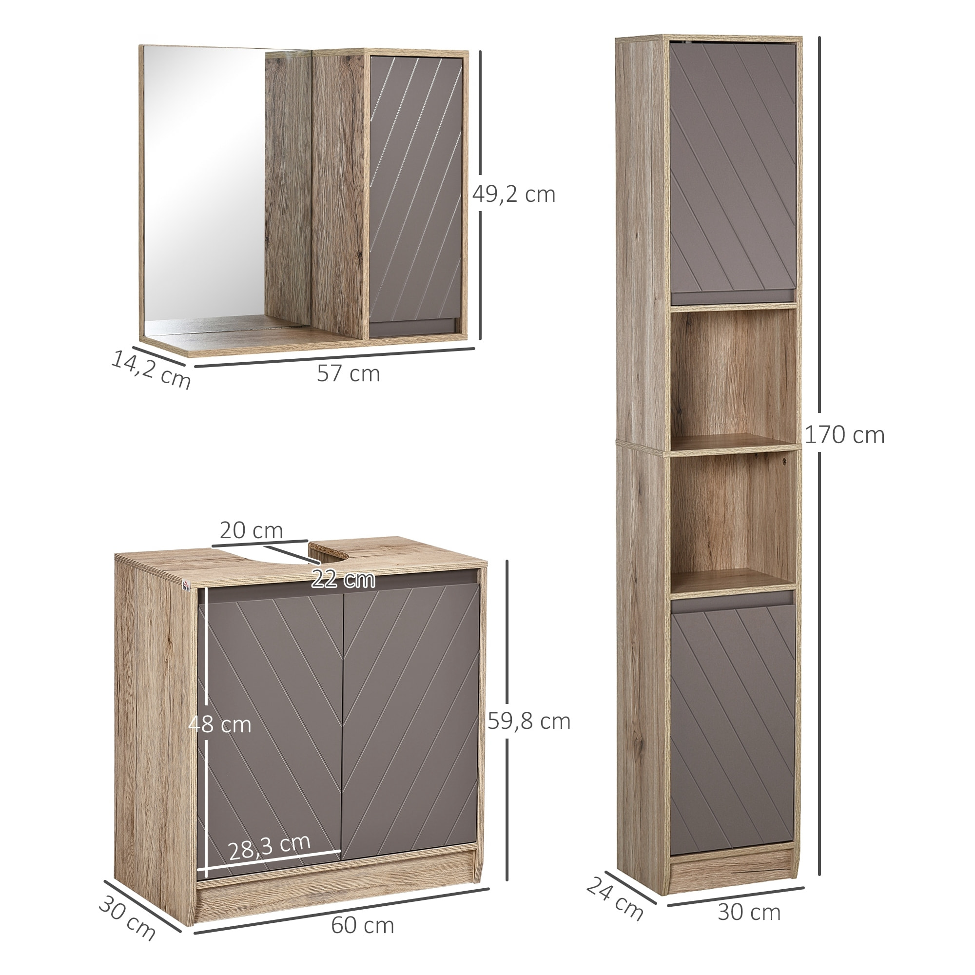 Conjunto de Baño Incluye 1 Mueble para Debajo del Lavabo 1 Armario de Baño con Espejo y 1 Columna de Baño con Estante Ajustable Roble y Gris