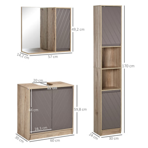Conjunto de Baño Incluye 1 Mueble para Debajo del Lavabo 1 Armario de Baño con Espejo y 1 Columna de Baño con Estante Ajustable Roble y Gris