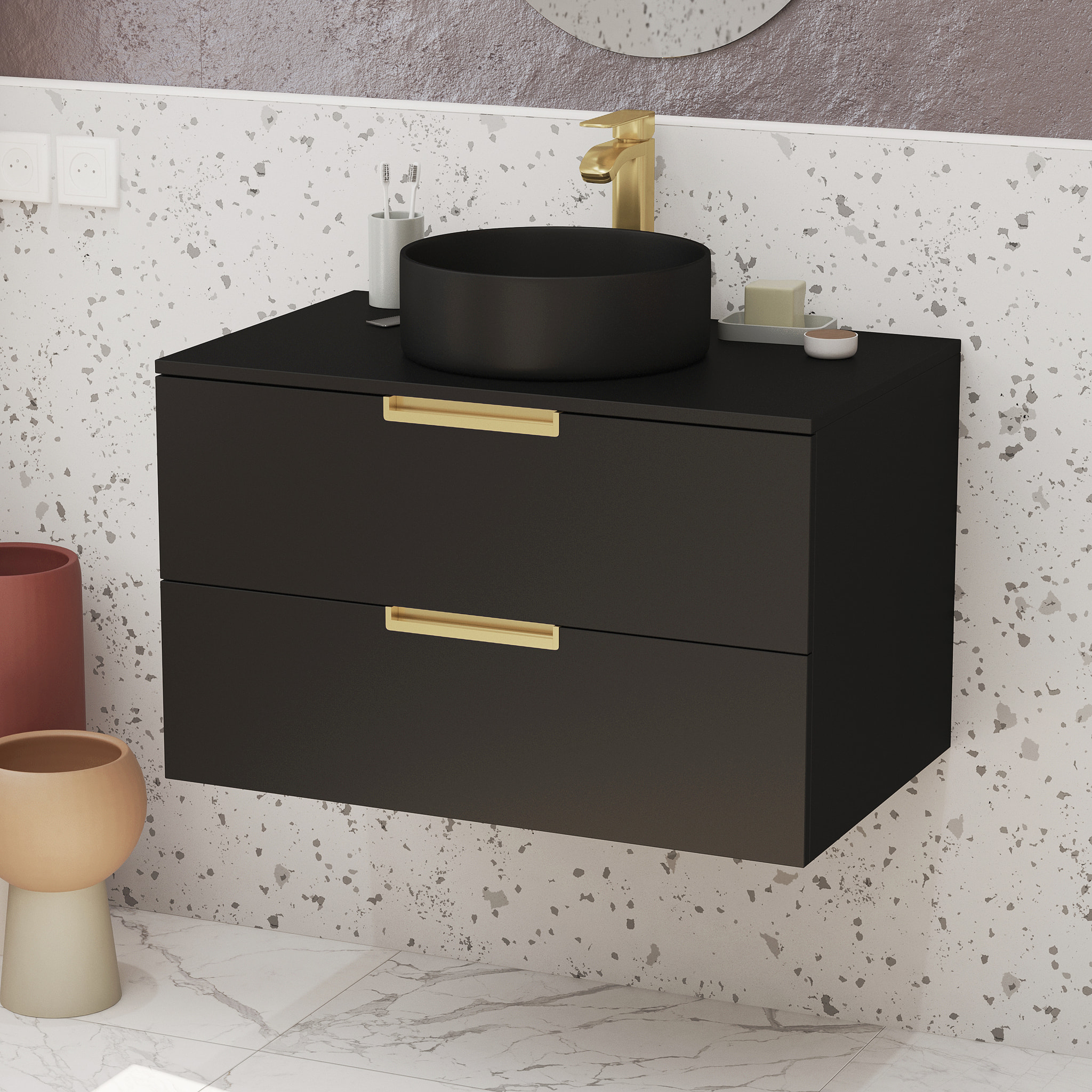 Meuble Salle de Bains 80 cm Laqué Noir Mat et Or Doré - 2 Tiroirs - Vasque Ronde à Poser Noire