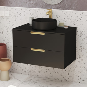 Meuble Salle de Bains 80 cm Laqué Noir Mat et Or Doré - 2 Tiroirs - Vasque Ronde à Poser Noire