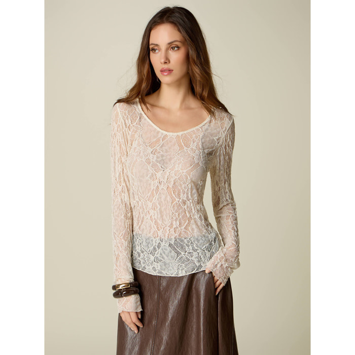 Oltre - T-shirt maniche lunghe in pizzo - Bianco