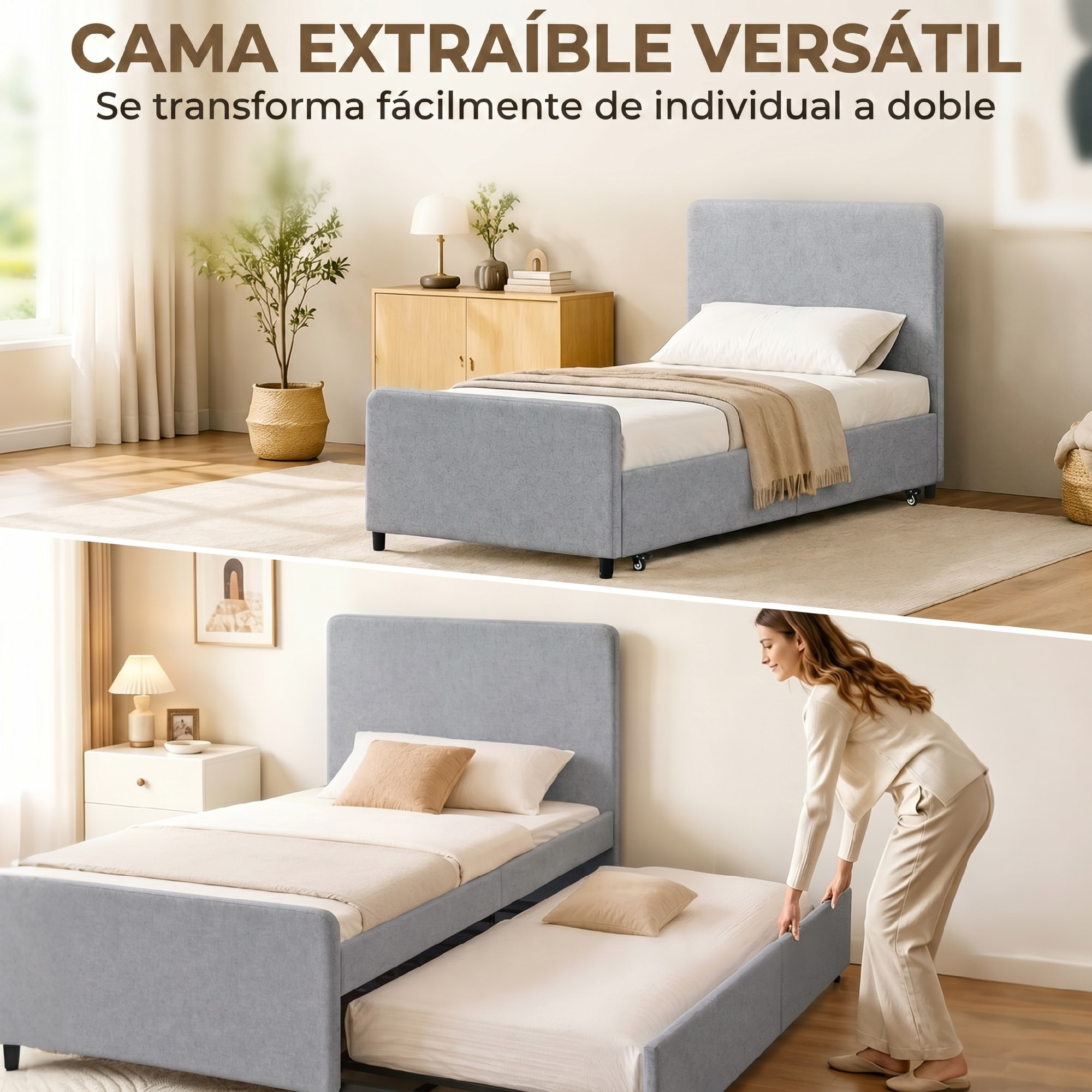 Cama Nido Individual, 90x190 cm, Estructura de Cama Tapizada en Lino con Cabecero y Piecero, Listones de Madera, Sin Colchón, Gris Claro