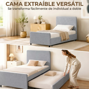 Cama Nido Individual, 90x190 cm, Estructura de Cama Tapizada en Lino con Cabecero y Piecero, Listones de Madera, Sin Colchón, Gris Claro