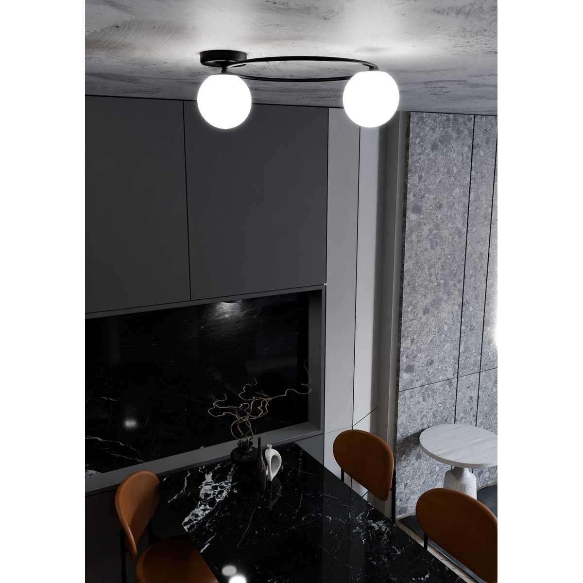 Lampada da soffitto SOPRA con struttura in acciaio nero e sfere in vetro opale