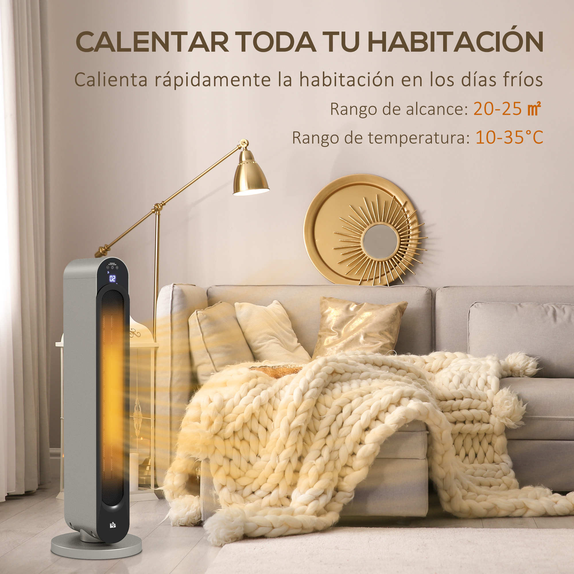 Calefactor Cerámico de Torre 1100/2200W Calentador Vertical con Mando a Distancia Pantalla LED Temporizador de 12H Termostato 3 Modos y Oscilación para 20-25 m² Ø25x73,5 cm Plata y Negro