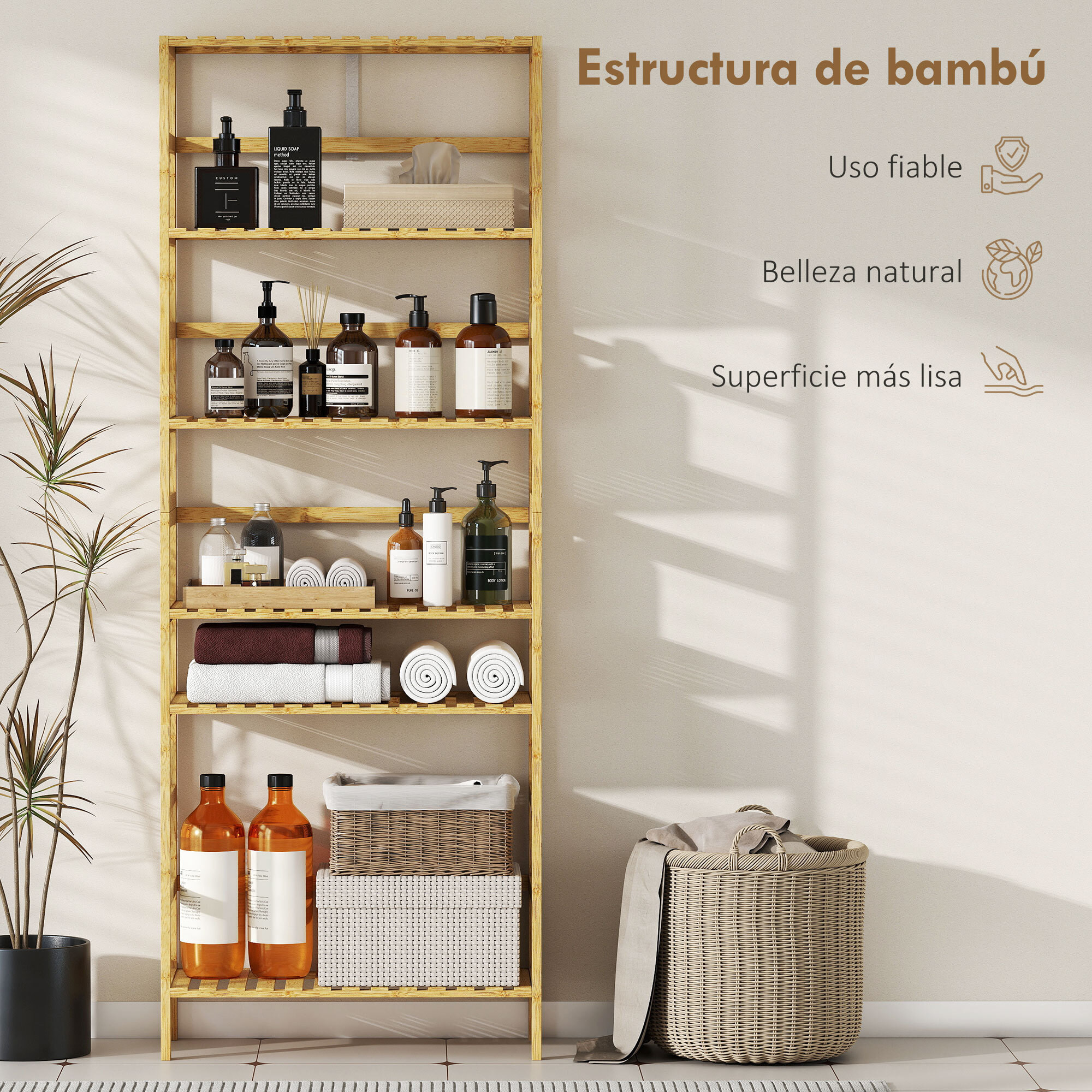 Estantería de Bambú de 6 Niveles, Estantería Almacenaje, Estantes Ajustables, Librería Estrecha para Espacios Pequeños, Baño, Sala de Estar y Cocina, 60x26x161 cm, Natural