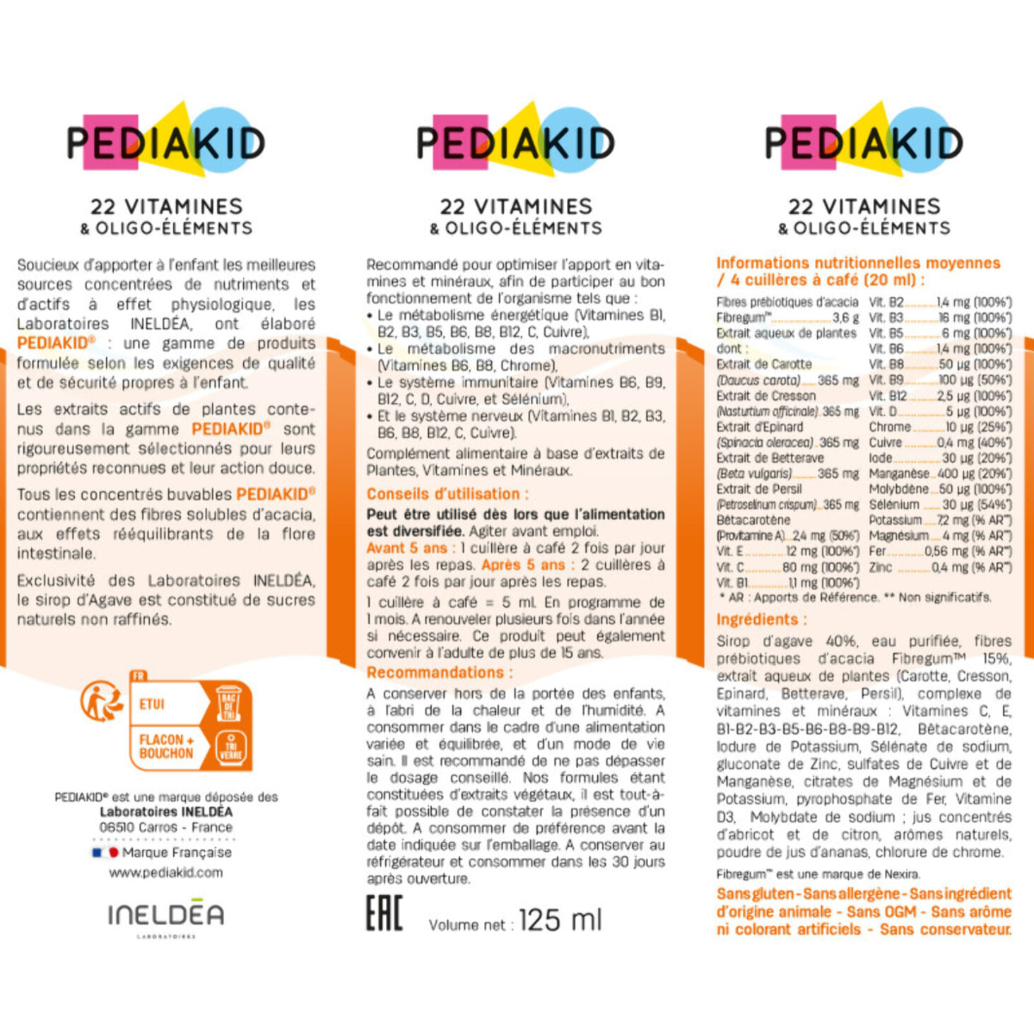 PEDIAKID - Sirop 22 Vitamines et Oligo-Éléments - Complément Alimentaire Naturel - Formule Exclusive au Sirop d'Agave - Optimise les Apports en Vitamines et Minéraux - Goût Orange Abricot - 125ml