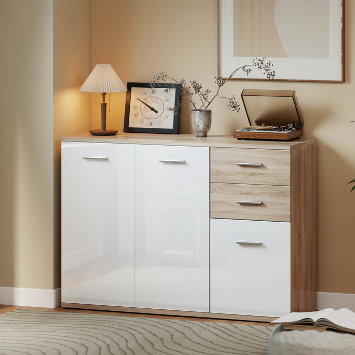 Buffet 2 tiroirs coulissants 2 placards étagère réglable panneaux blanc laqué effet bois naturel