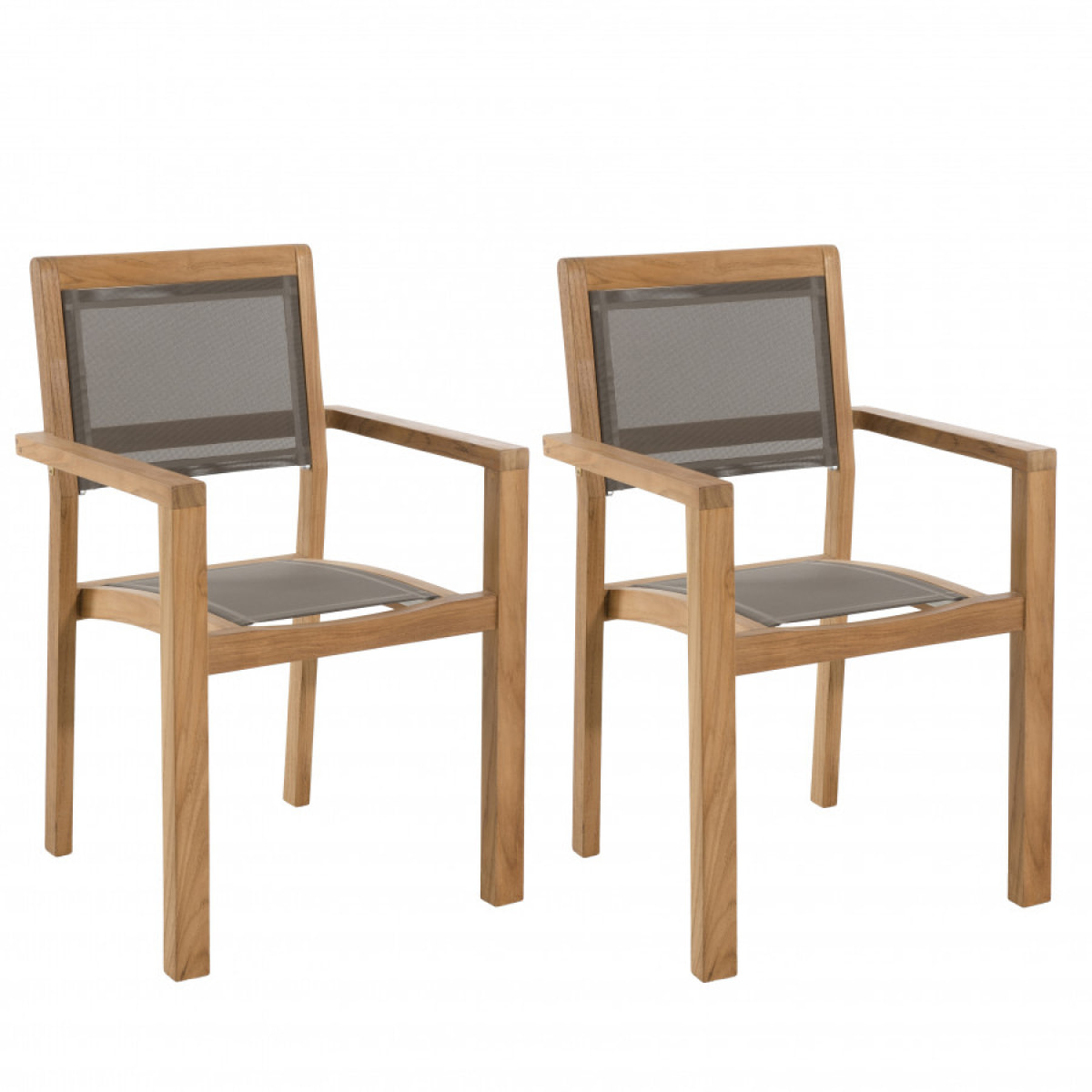 HARRIS - Ensemble de 2 fauteuils jardin empilables en bois teck et textilène couleur taupe