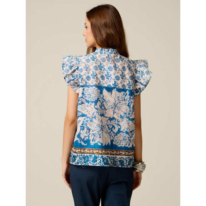 Oltre - Blusa in mussola di cotone fantasia - Blu