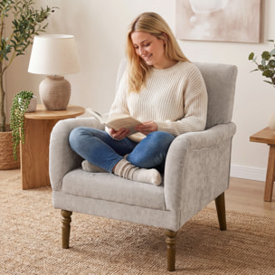 Sillón Relax, Sofá Individual, Tapizado en Lino, Reposabrazos Estilizados, Patas de Madera Maciza, Acolchado Grueso para Salón, Dormitorio y Oficina, Gris