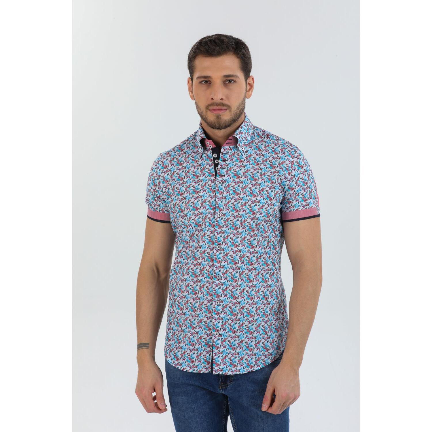 Camicia Uomo Manica Corta 2 Bottoni Button Down 7 Botto Popeline Stampato Celeste e Rosso