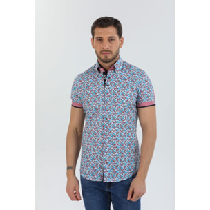 Camicia Uomo Manica Corta 2 Bottoni Button Down 7 Botto Popeline Stampato Celeste e Rosso