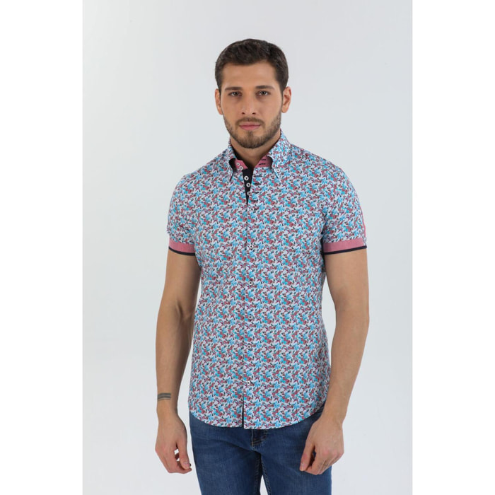 Camicia Uomo Manica Corta 2 Bottoni Button Down 7 Botto Popeline Stampato Celeste e Rosso