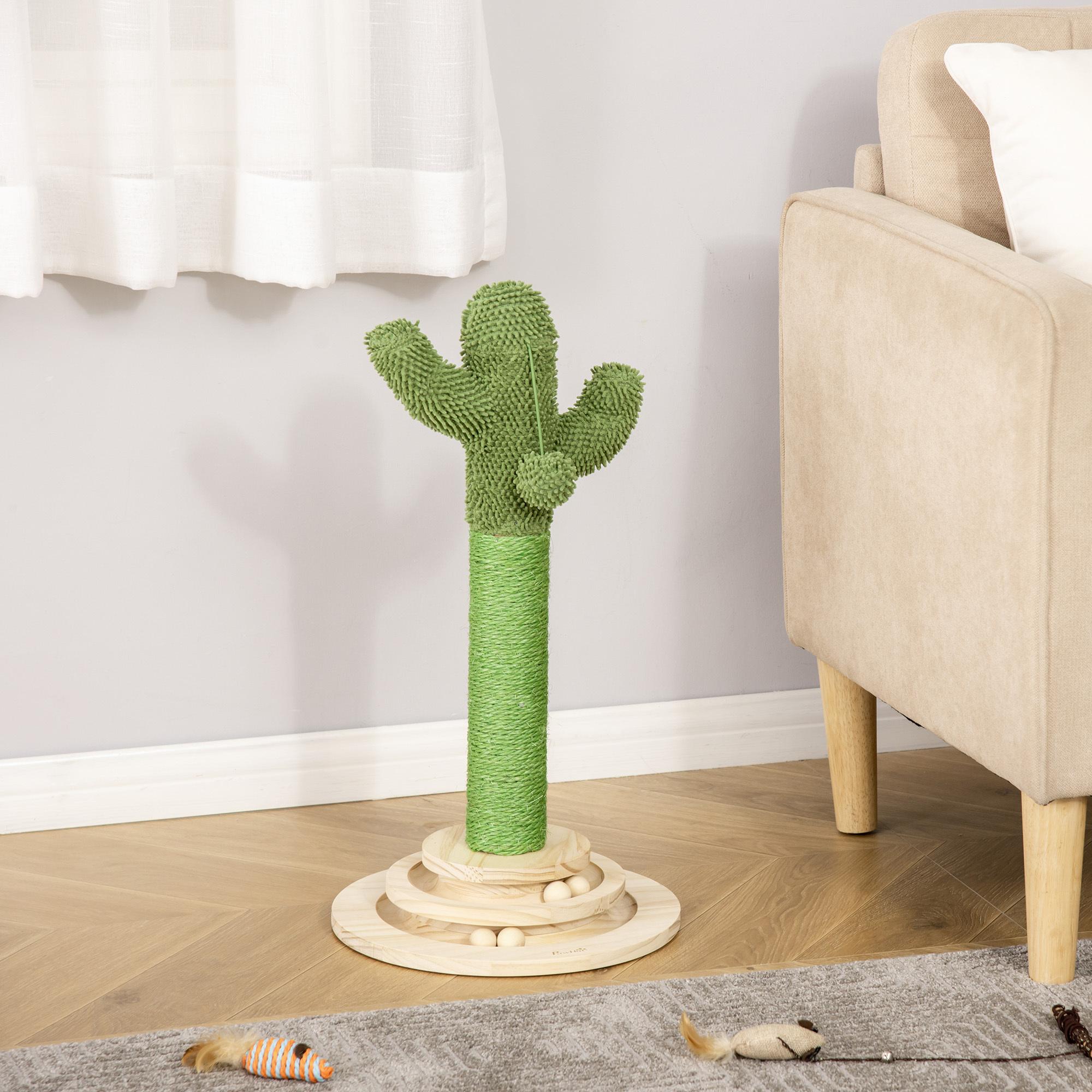 Poste Rascador para Gatos en Forma de Cactus Pequeño Árbol Rascador para Gatos con Poste de Sisal y Felpa Pelota Colgante y Base con Juego de Madera 32x32x60 cm Verde