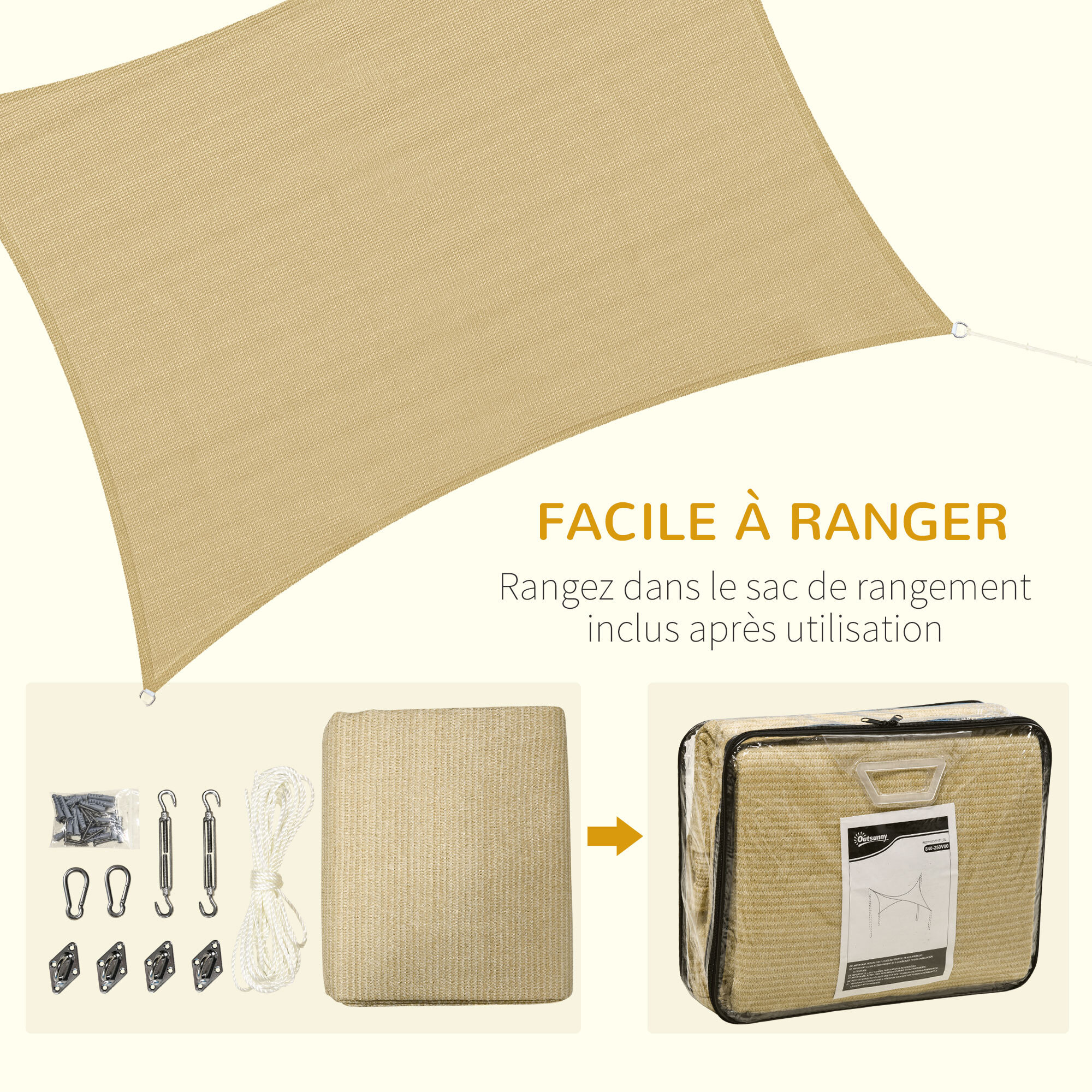 Voile d'ombrage rectangulaire grande taille 4 x 3 m polyéthylène haute densité HDPE résistant aux UV beige