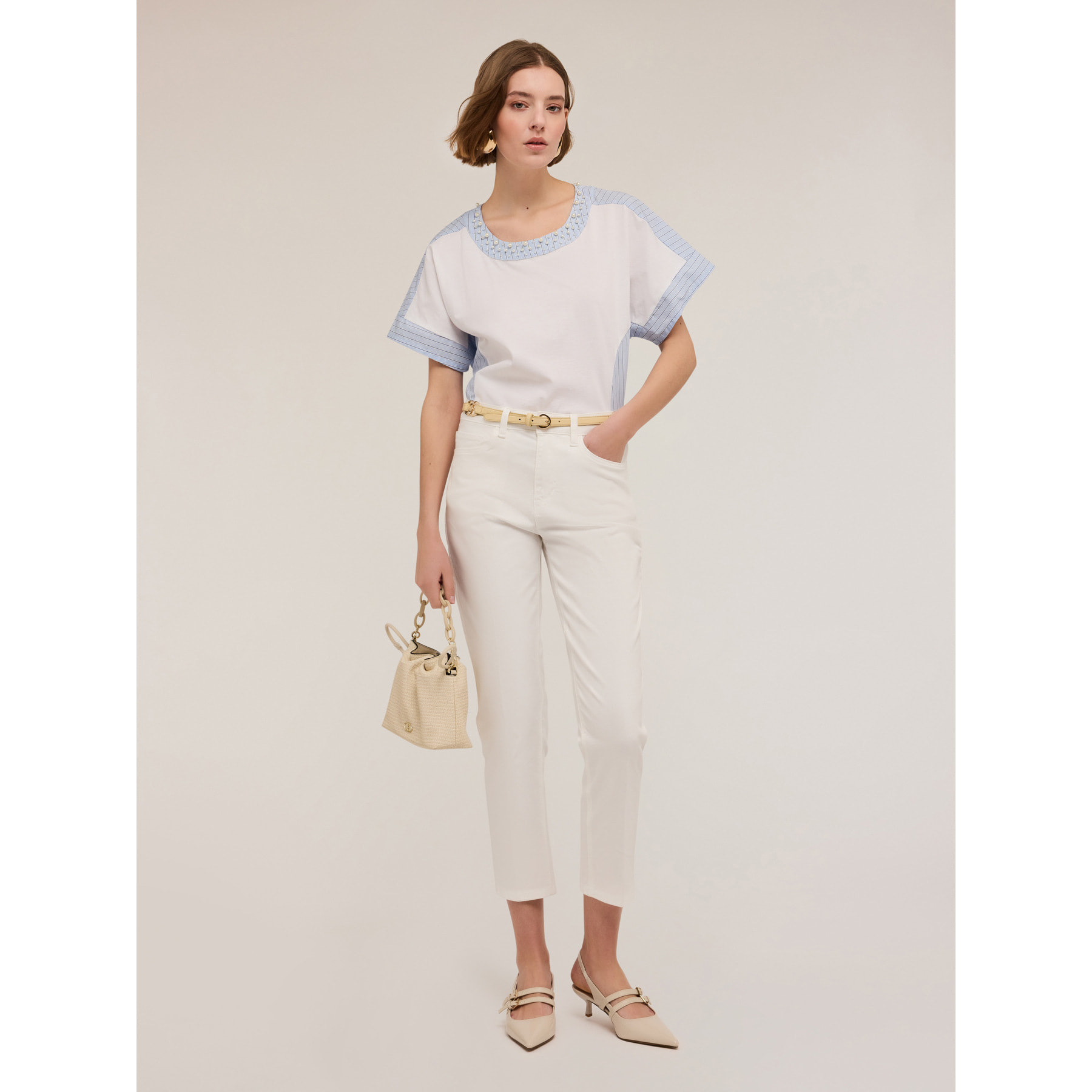 Motivi - T-shirt bimaterica con ricamo di perle - Bianco