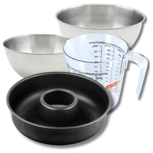 Set pâtisserie avec moule à savarin 28 cm en acier, 2 bols à mixer, verre mesureur et spatule Zenker