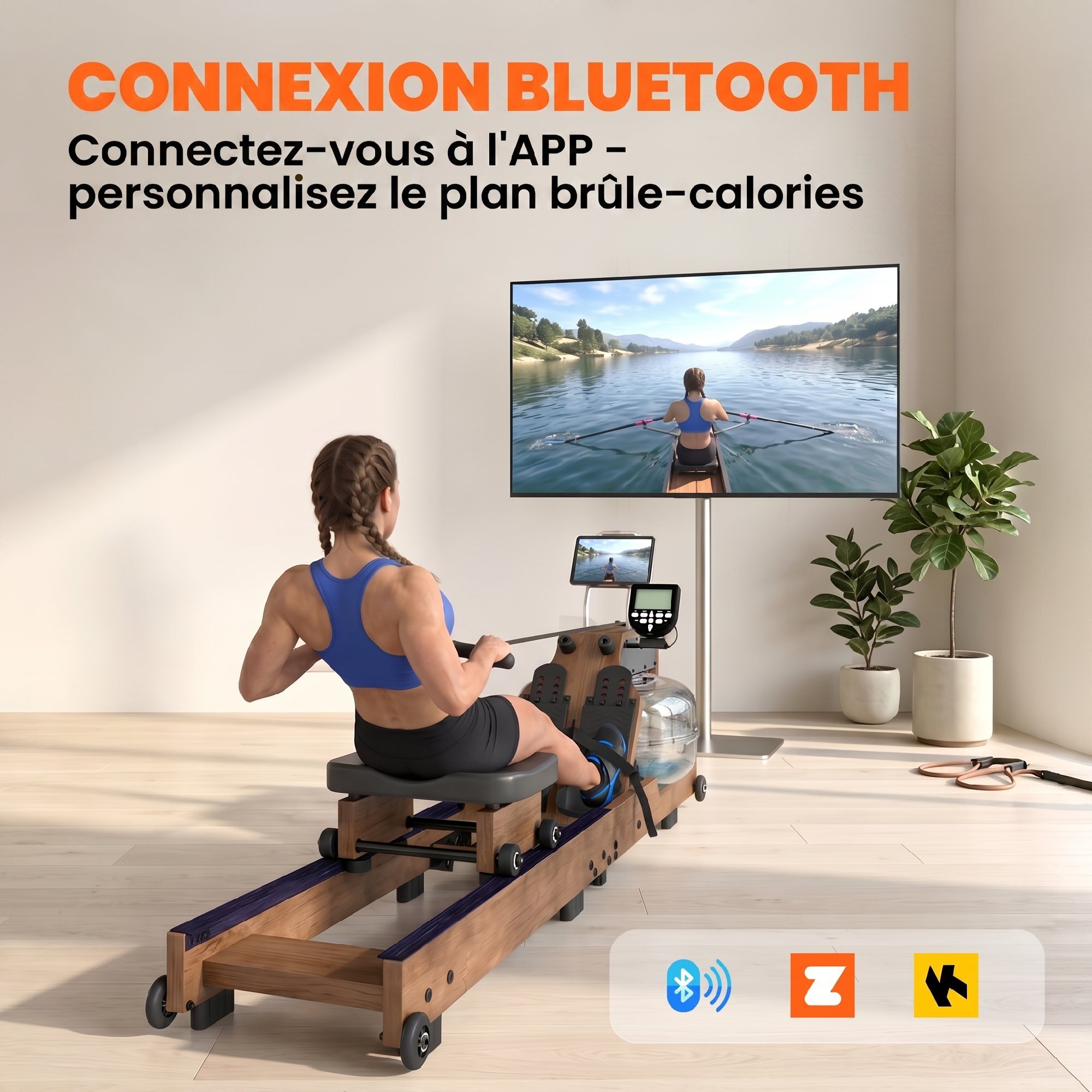 Rameur à eau pliable résistance réglable 8-14L alu bois coloris chêne