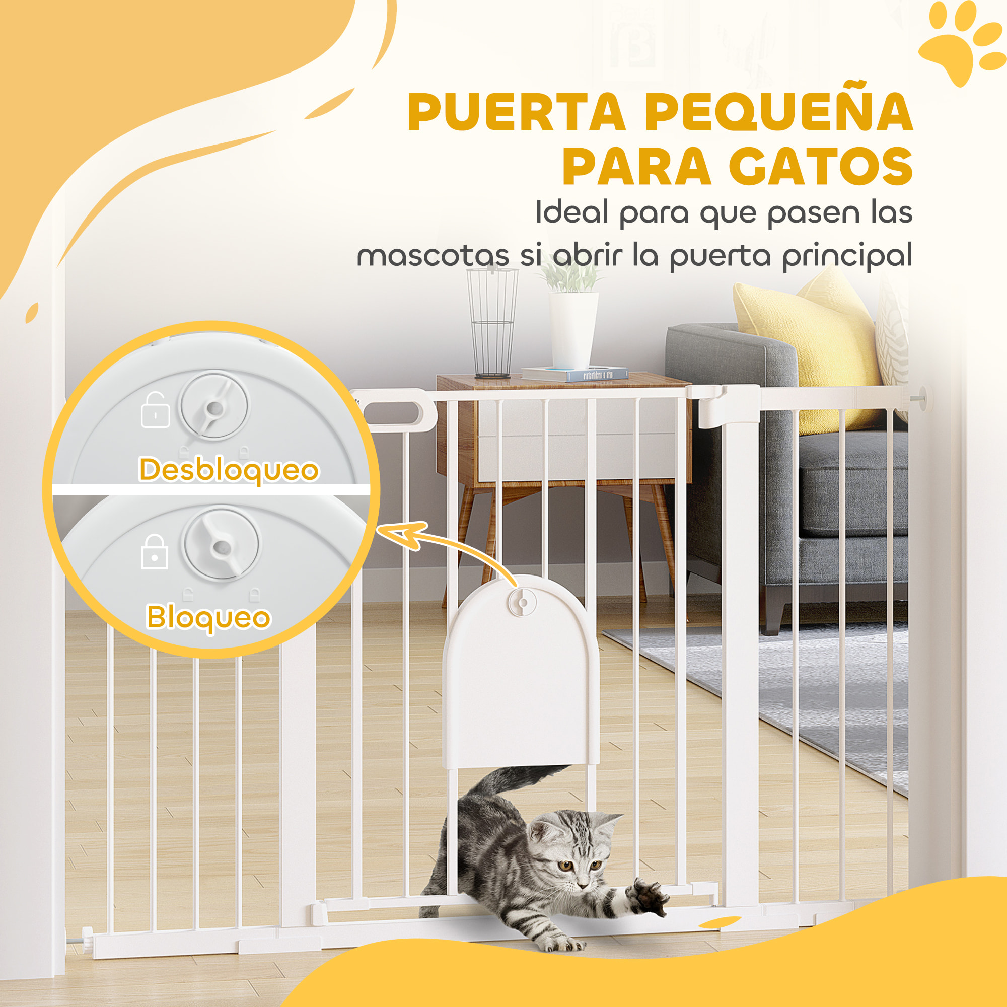 Barrera de Seguridad para Perros Extensible 75-131 cm, para Puertas y Escaleras, Barrera para Perros con Puerta Pequeña, 3 Extensiones, Montaje a Presión y Doble Bloqueo, Blanco