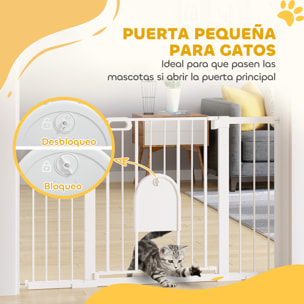 Barrera de Seguridad para Perros Extensible 75-131 cm, para Puertas y Escaleras, Barrera para Perros con Puerta Pequeña, 3 Extensiones, Montaje a Presión y Doble Bloqueo, Blanco