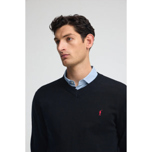 Maglione blu marino con scollo a V in misto lana con ricamo Rigby Go