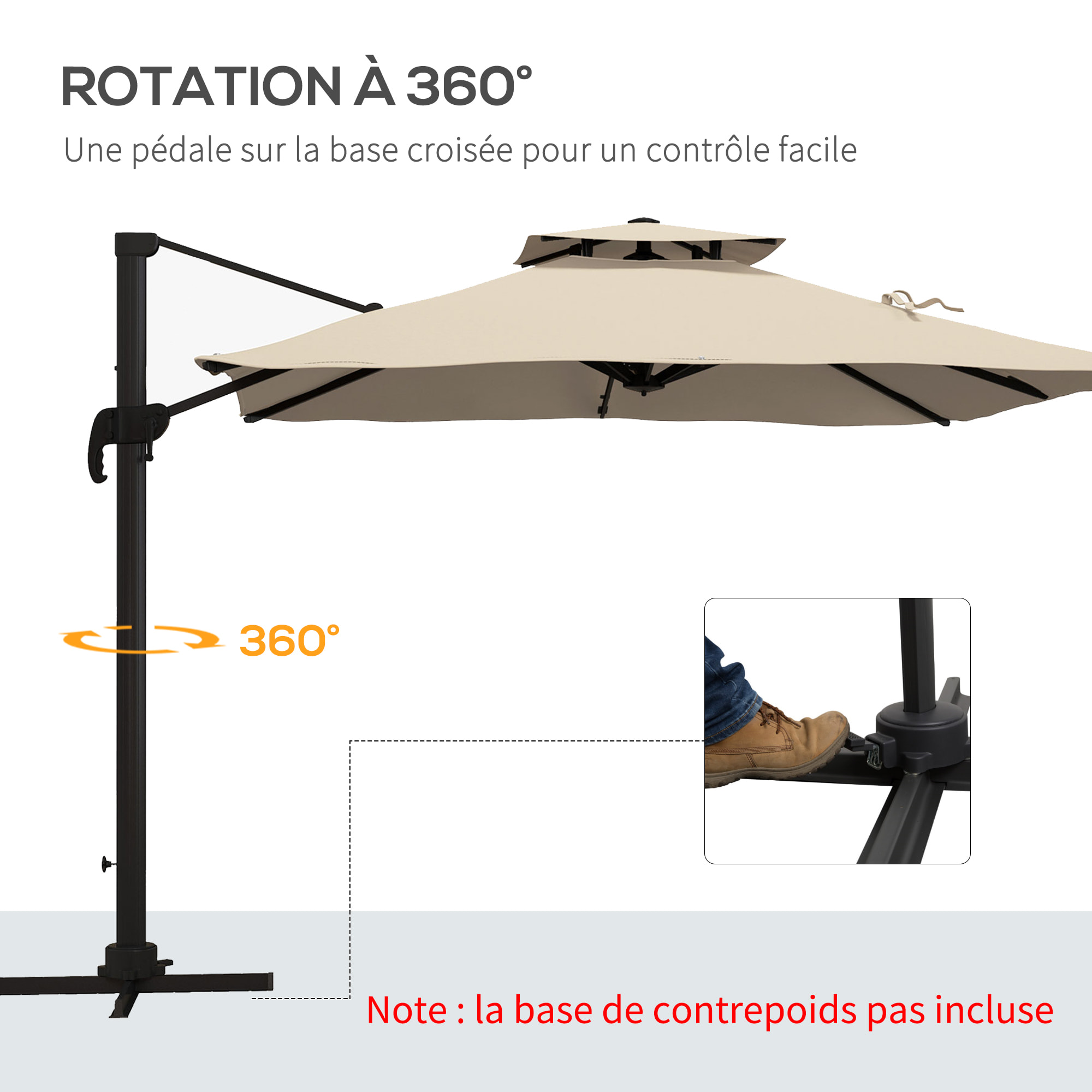 Parasol déporté carré 3 x 3 m - inclinable, pivotant - manivelle, piètement - alu toile haute densité 250 g/m² kaki