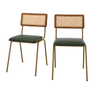 Chaise Arsène en cuir vert et cannage (lot de 2)