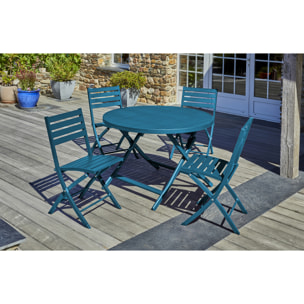 MARIUS - Ensemble repas de jardin 4 places en aluminium bleu canard