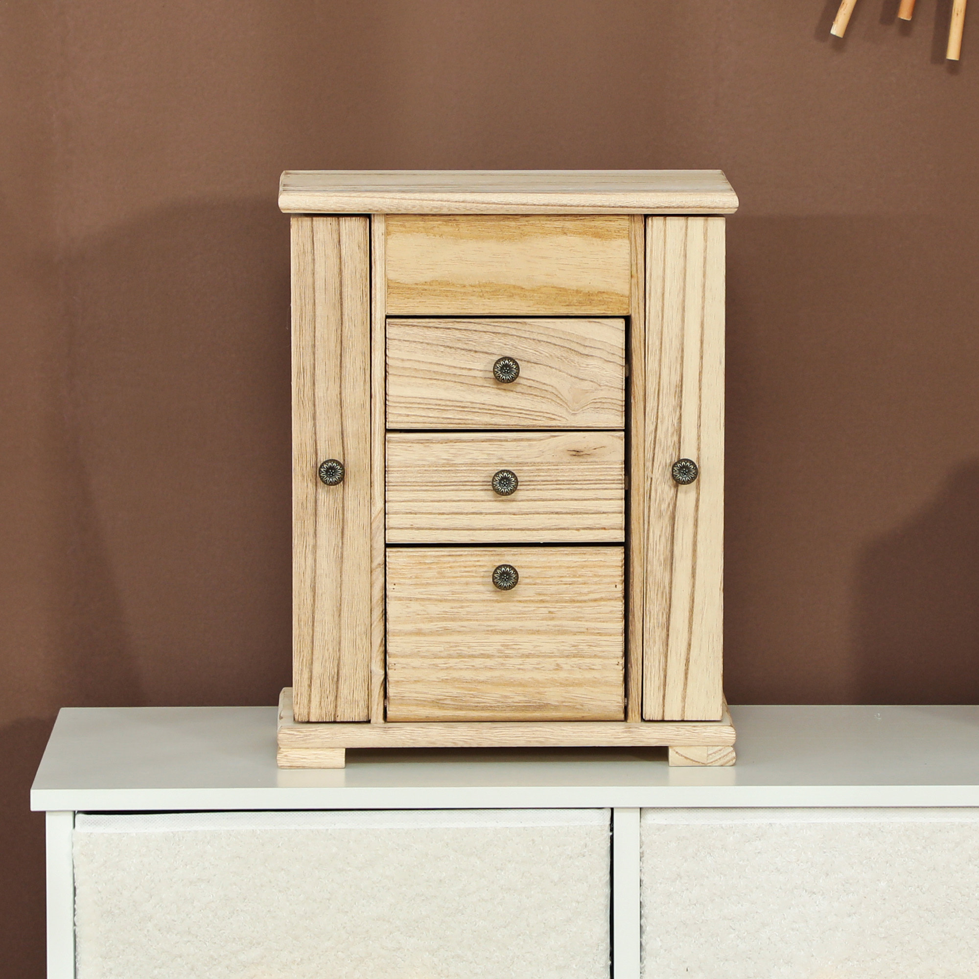 Caja Joyero de Madera de 4 Niveles Joyero Mujer Organizador Grande con 2 Cajones Espejo para Pendientes Anillos Collares Natural
