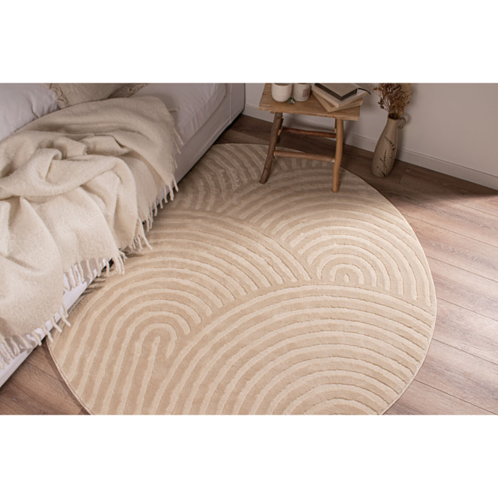 BIANCA - Tapis rond à motif arc en ciel en relief - Crème