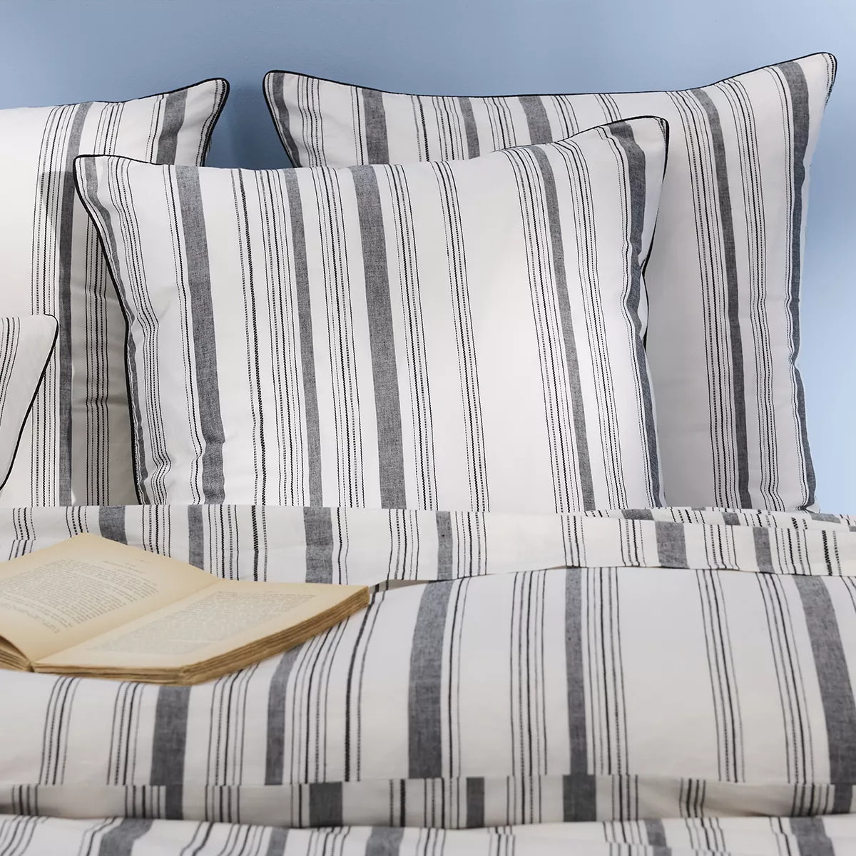 Lot h.couette +taies pur coton lavé rayé anthracite noir Portland granit