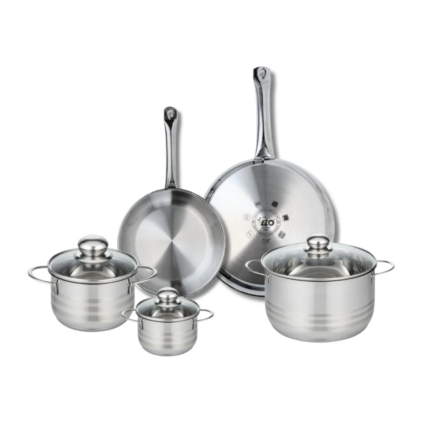 Ensemble de 2 Poêles de cuisson 24 et 28 cm et 3 faitouts 12, 16 et 20 cm Elo Profi Brillant