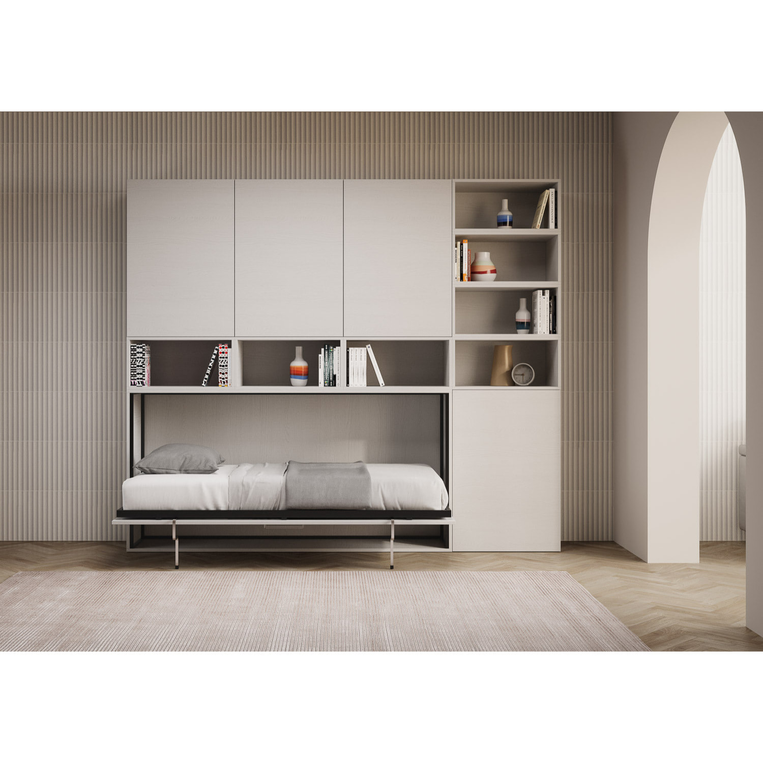 Armoire lit escamotable horizontal 1 couchage 85 Kando composition E Frêne Blanc