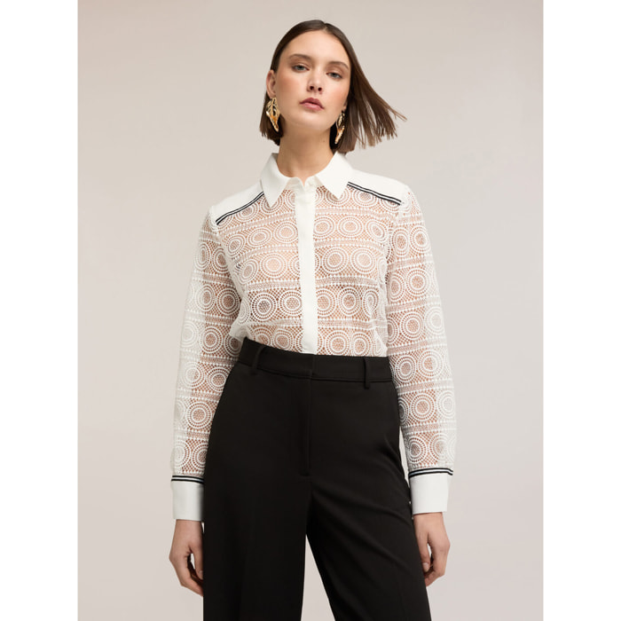 Motivi - Camicia in pizzo macramé con bande a contrasto - Bianco