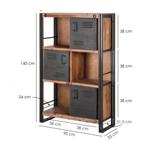 Bibliothèque en bois 3 niches/3 casiers avec portes en métal - ATELIER