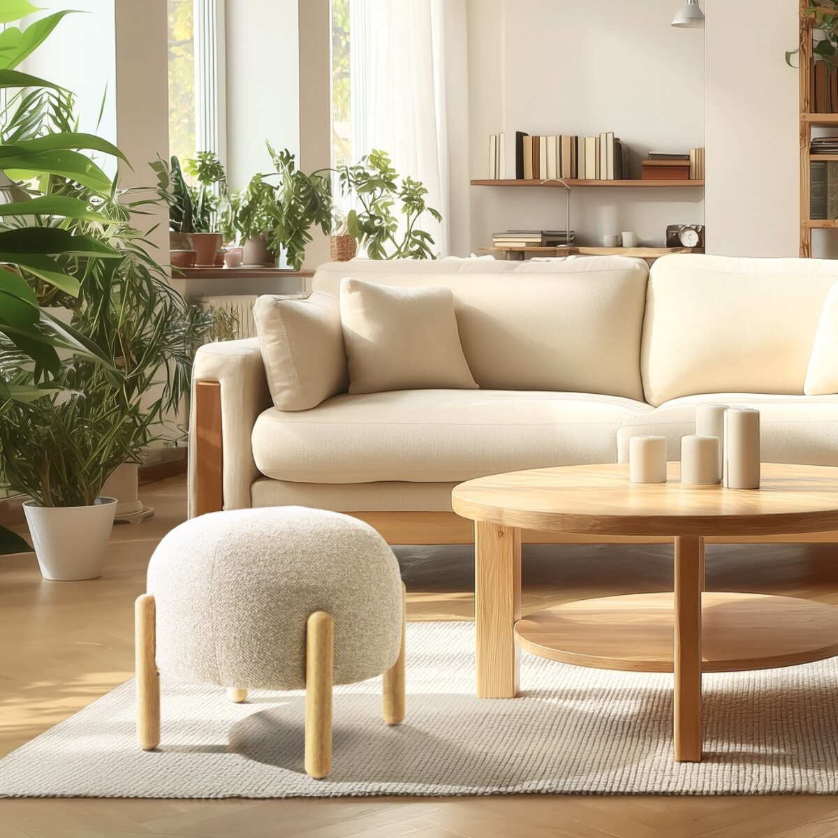 LEOPOLD - Pouf en tissu effet laine beige et pieds bois