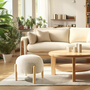 LEOPOLD - Pouf en tissu effet laine beige et pieds bois