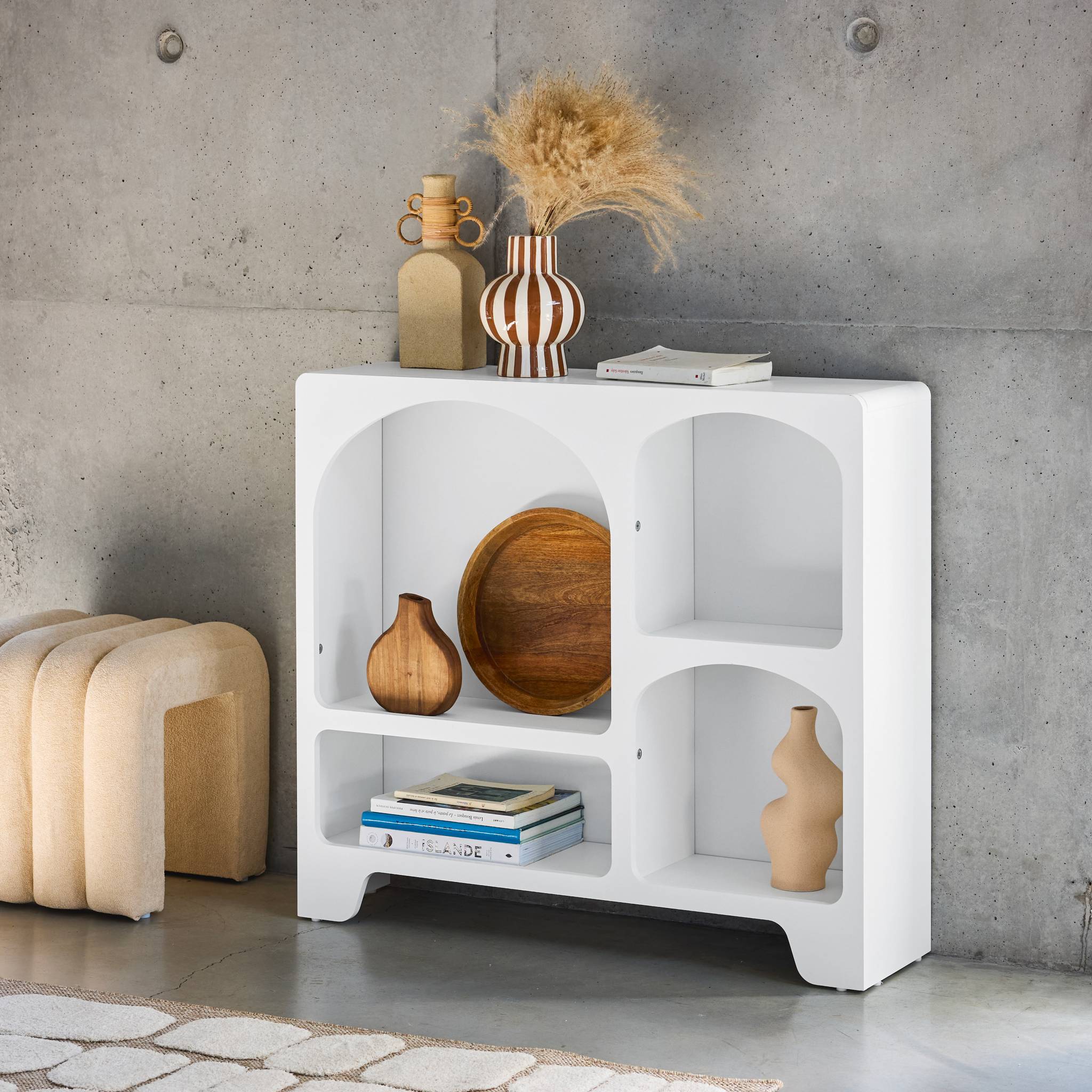 Buffet organique plusieurs niches 4 compartiments. buffet bas. effet bois blanc 90cm
