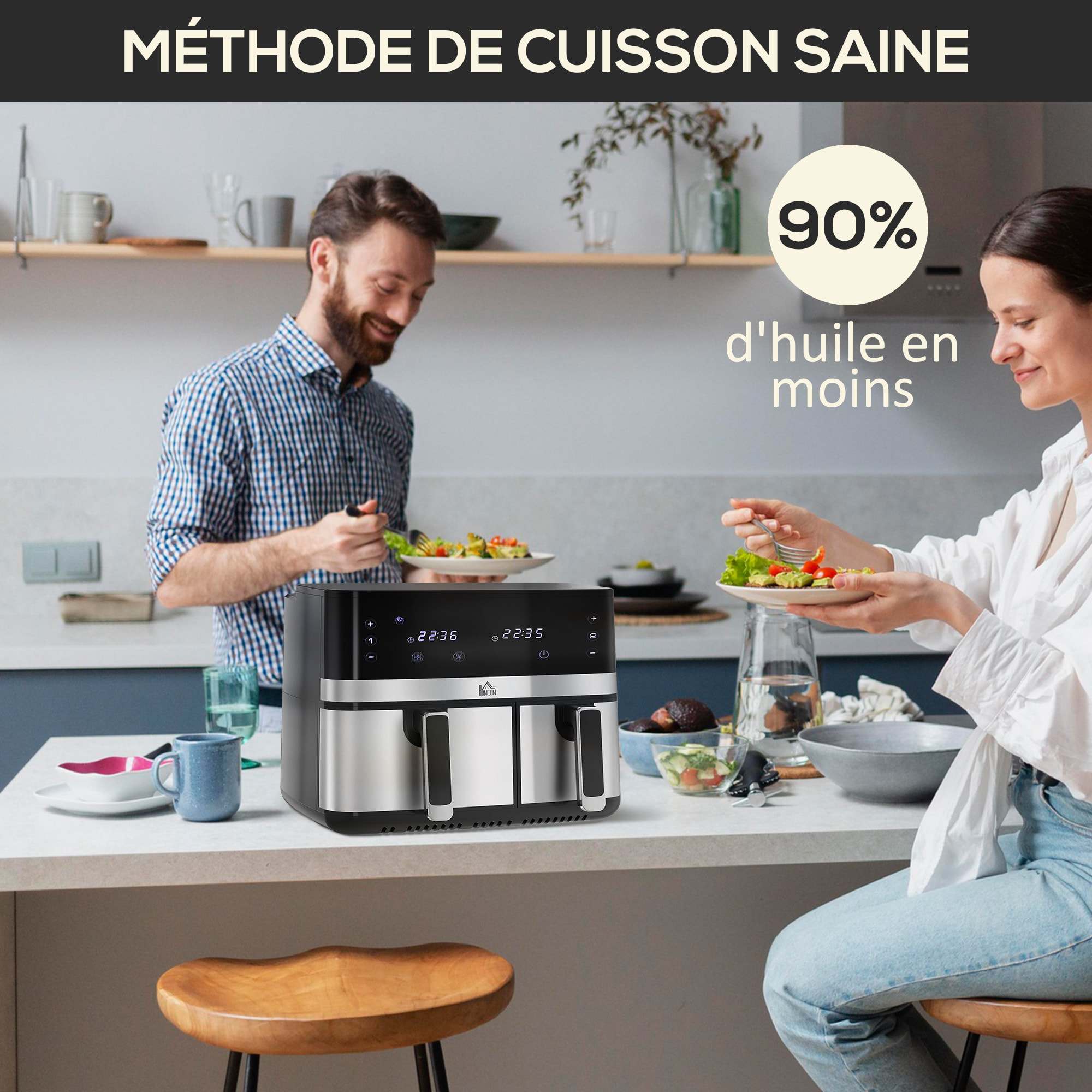 Friteuse à air 2700W - air fryer - double compartiment 8,5L - 8 programmes, température réglable, timer, 2 paniers - noir