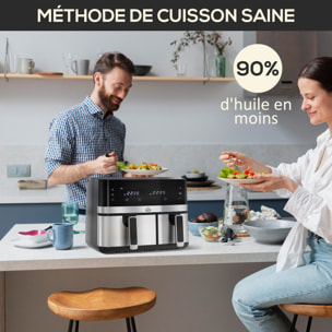 Friteuse à air 2700W - air fryer - double compartiment 8,5L - 8 programmes, température réglable, timer, 2 paniers - noir