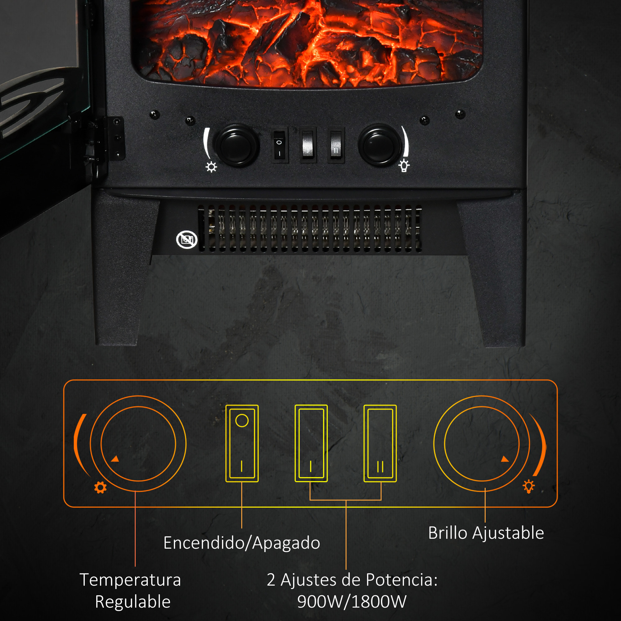 Chimenea Eléctrica 900W/1800W Chimenea Decorativa con Ventanas Efecto de Llama Temperatura Ajustable y Protección Sobrecalentamiento para 20-25 Ã£Å½Â¡ 39x26x54,8 cm Negro