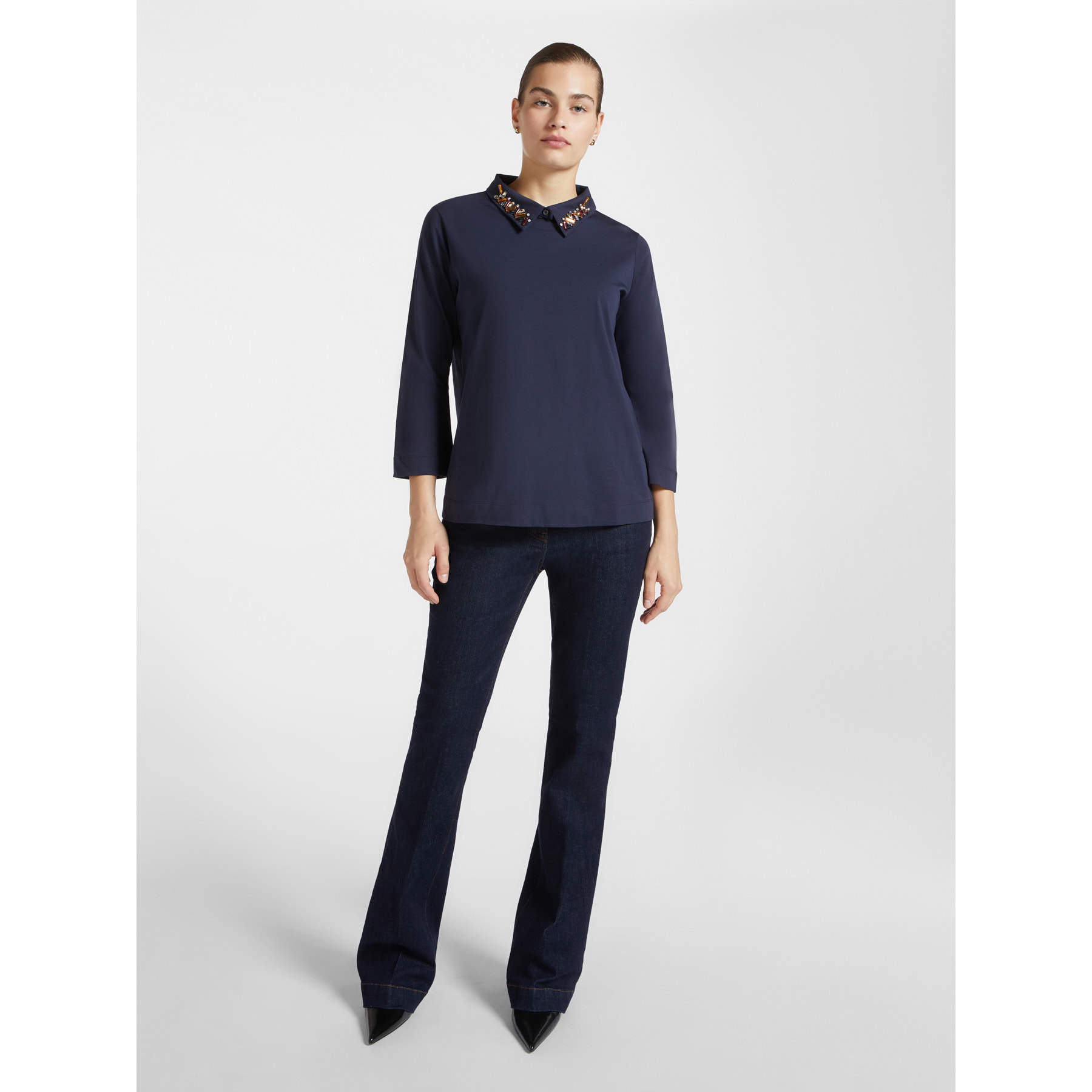 Elena Mirò - T-shirt con colletto ricamato - Blu