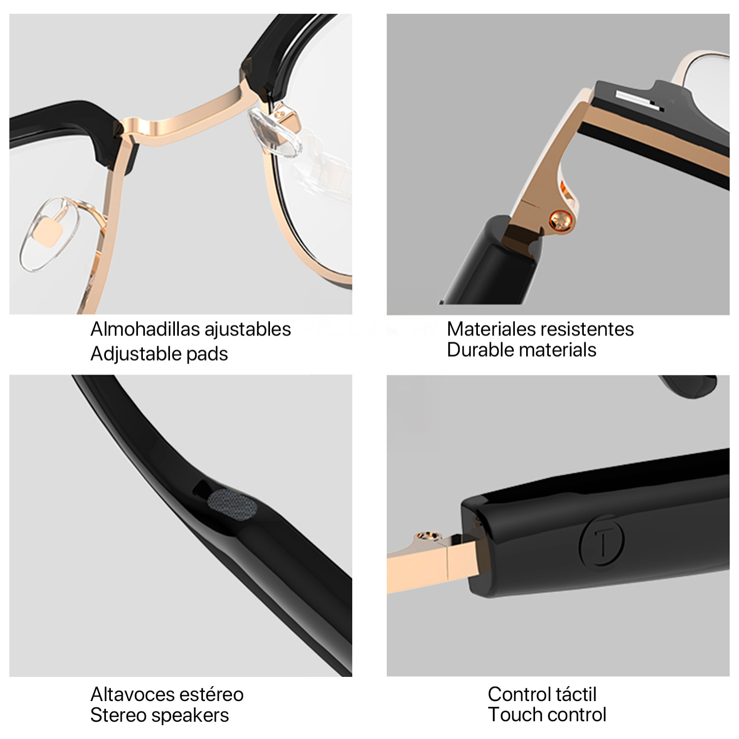 Occhiali intelligenti GS13, chiamata bluetooth, assistente vocale, controllo remoto della fotocamera.
