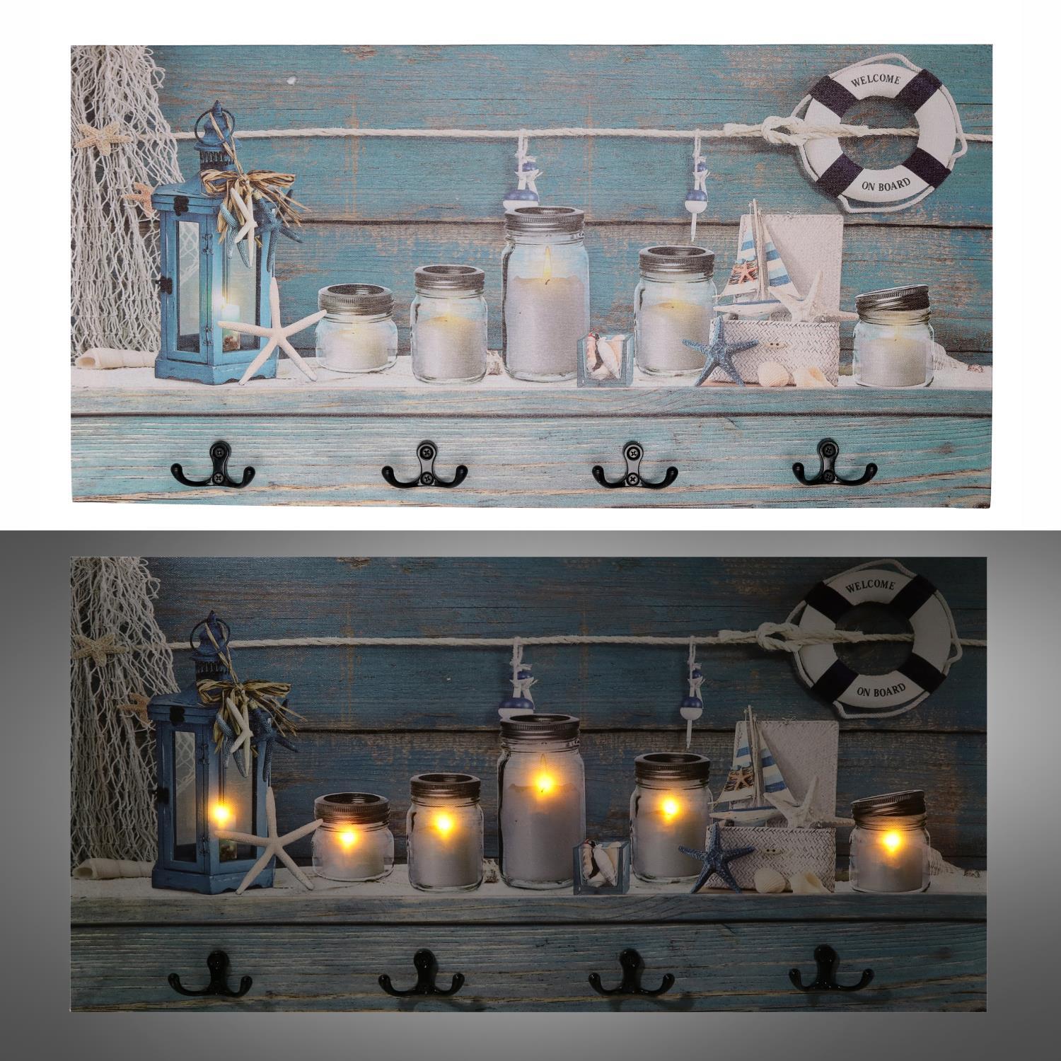 Appendino mare in legno da 8 posti con led, barattoli cm60x30x1,8