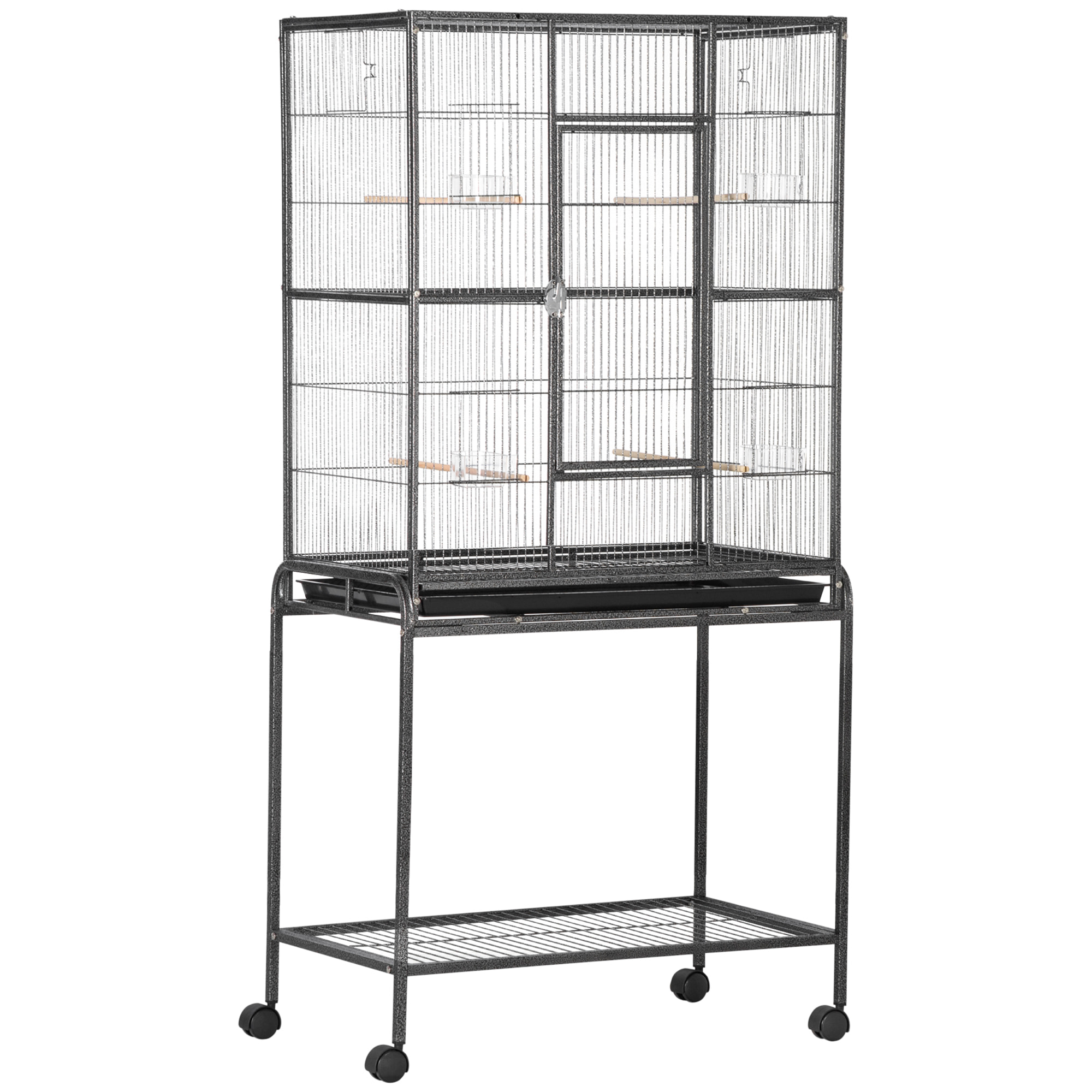 Cage à oiseaux portable avec 4 mangeoires et 4 perchoirs pratique 81 x 48 x 162 cm noir et gris